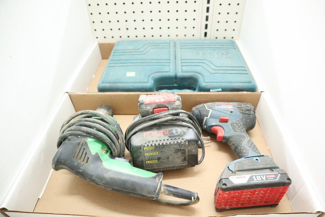 Bosch 18 Volt Impact Drill, Hitachi Electric Drill, Socket Set