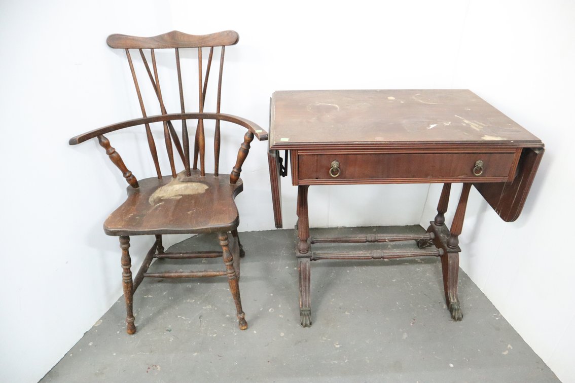 Antique Drop Leaf Table With Drawer and A Chair