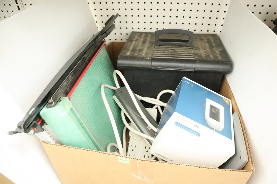 Paper Cutters, Power Strips, Ring Spotlight Cam, File Box