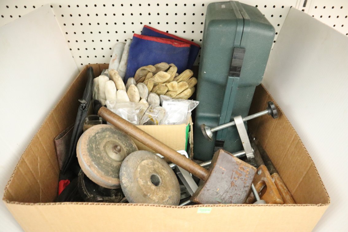 Box of Shop Items, Work Gloves, Empty Tool Case