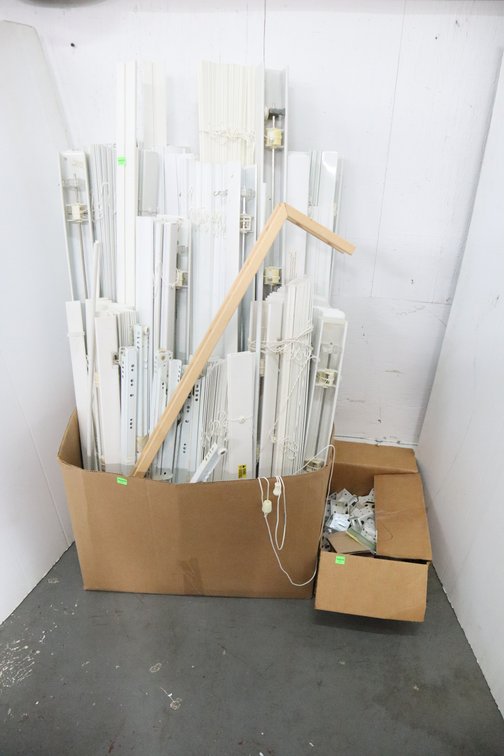 Box of Various Size Window Blinds