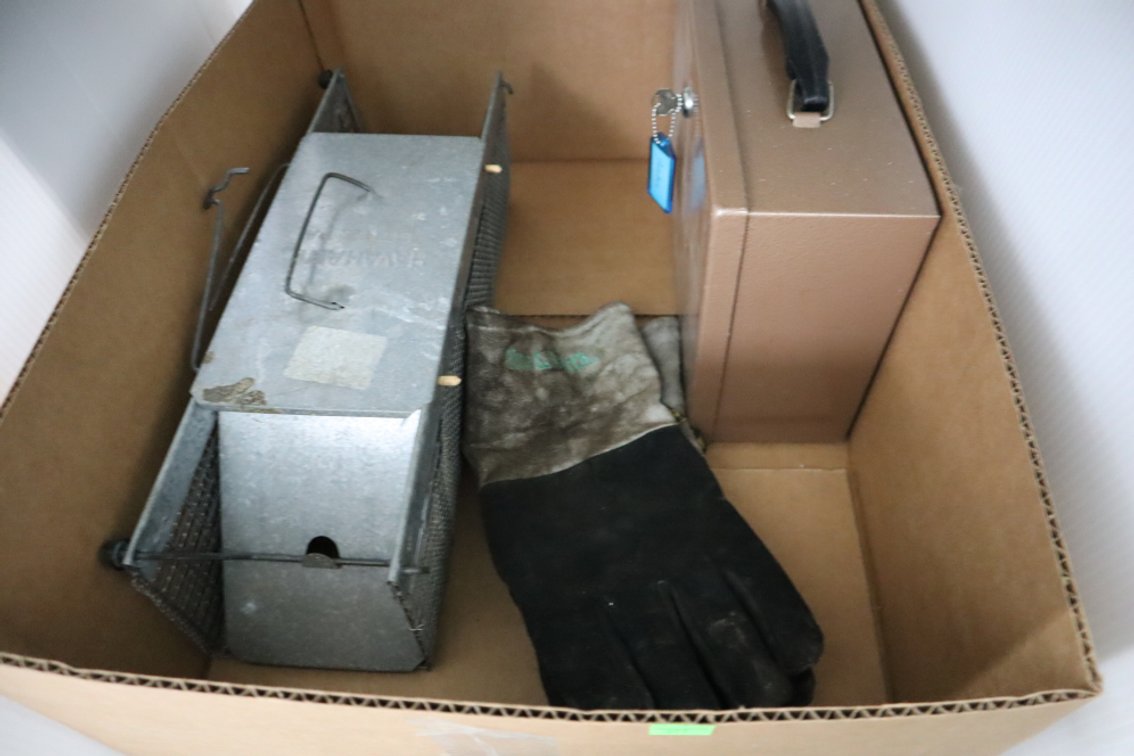 Small Live Trap, Lock Box, Welding Gloves