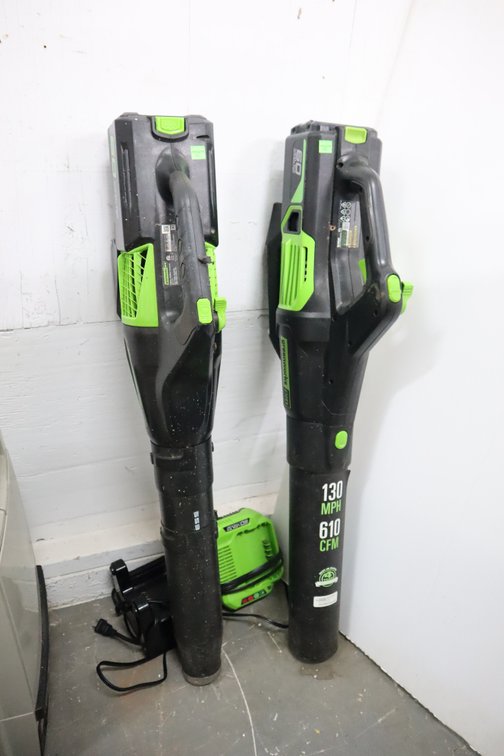 Pair of Greenworks 60 Volt Blowers, 1 Works 1 Does Not, Two Batteries and Two Chargers Included