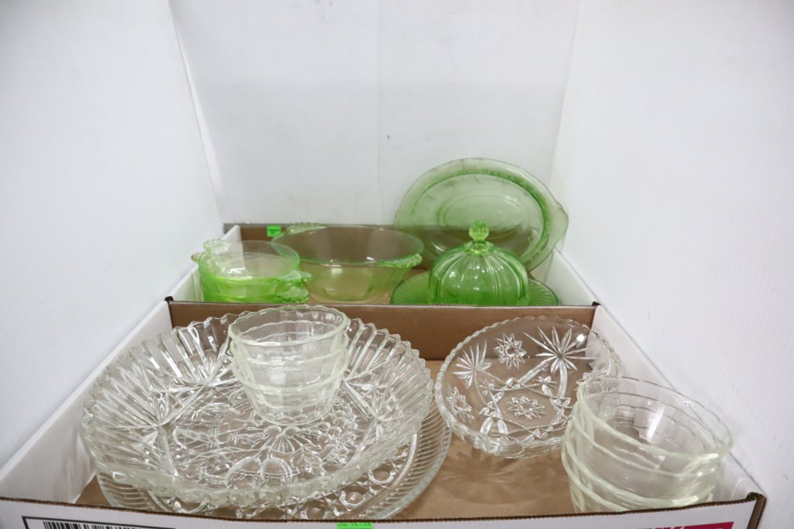 Green Depression Glass and Crystal Glass Dishes