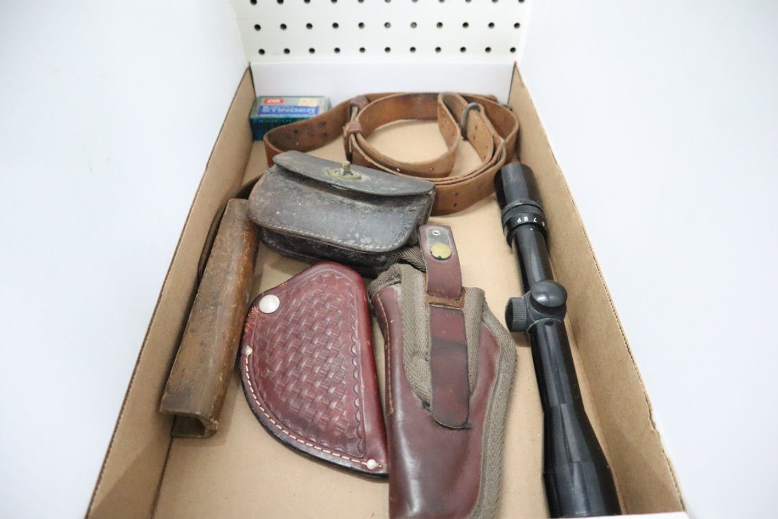 Leather Holsters, Bushnell Rifle Scope, Leather Gun Sling, Some 22 Ammo
