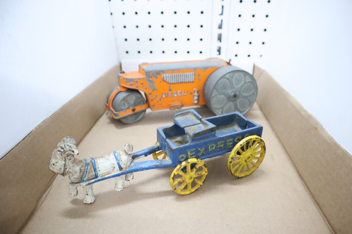 Vintage Cast Iron Wagon and A Roller Toy