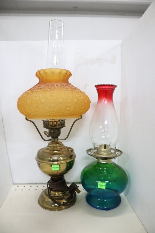 Electric Lamp With Glass Shade and Chimney and Oil Lamp