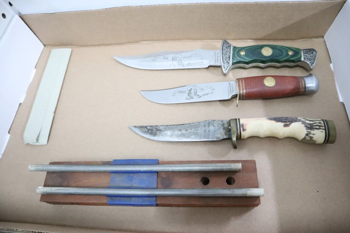3 Collectible Hunting Knives and Sharpening Hone