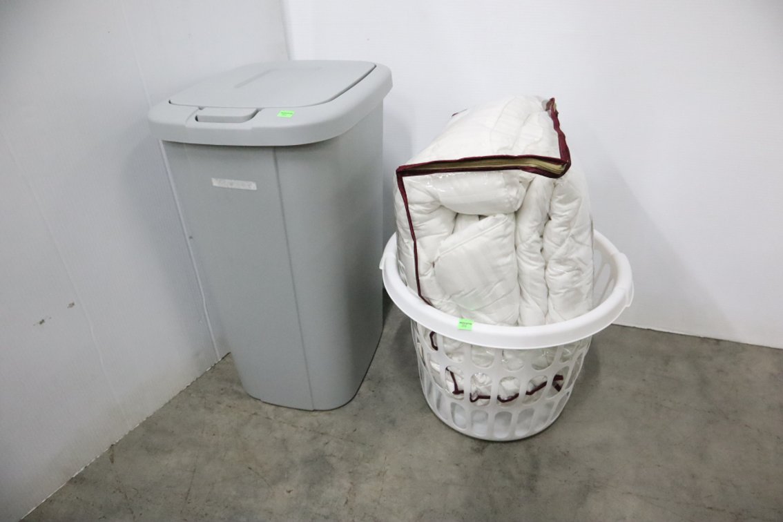 Plastic Trash Can, Wash Basket and Twin Size Pillow Top Mattress Pad