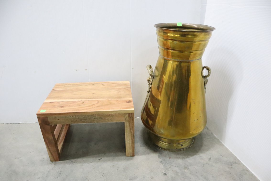 Wooden Stool and Brass Umbrella Stand