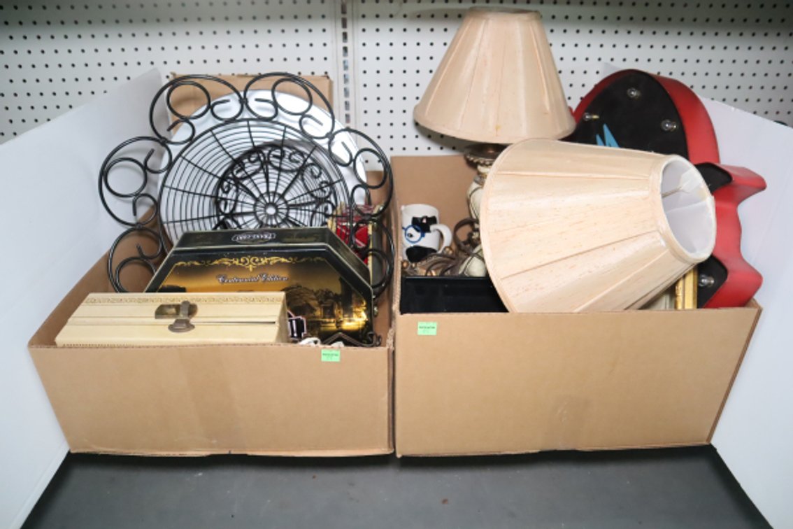 Group of Household Items, Lamps, Wire Basket