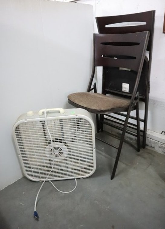 Box Fan and Pair of Folding Chairs