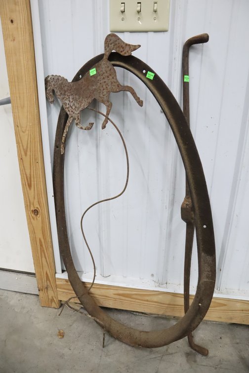 Antique Metal Horse Silhouette, Oval Frame and Antique Tool