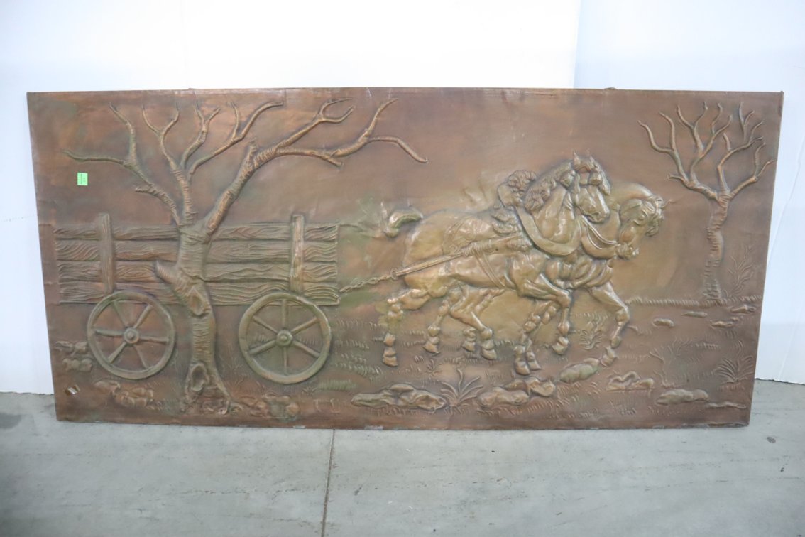 Hammered Copper Horses and Wagon Picture