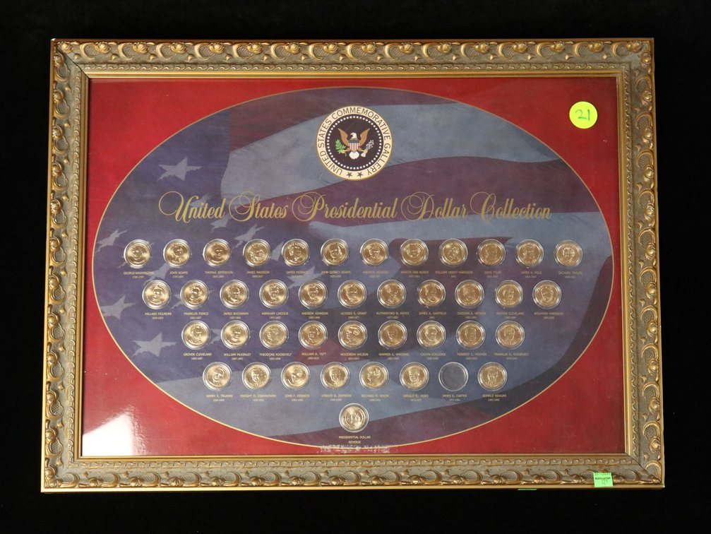 Framed Presidential Dollars. Set of 40 Unc coins
