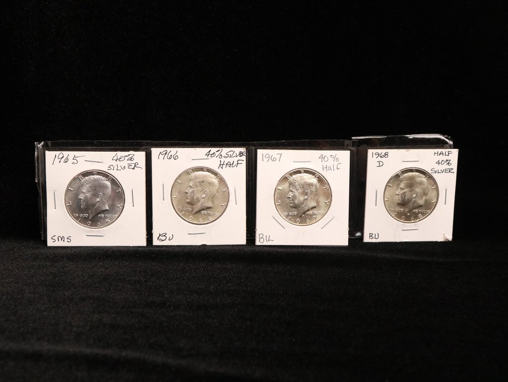 1965, 66, 67 & 68 Kennedy 40% Silver Half Dollars. Unc.
