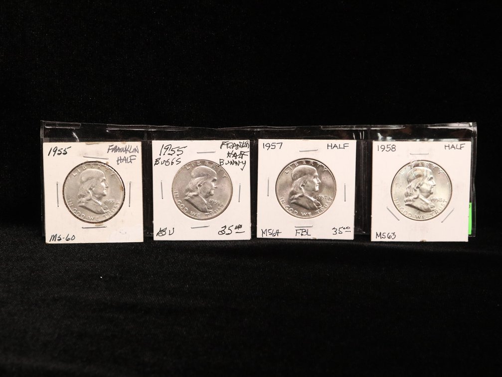 1955 Bugs Bunny, 1957 & 1958 Ben Franklin Silver Half Dollars. Unc.
