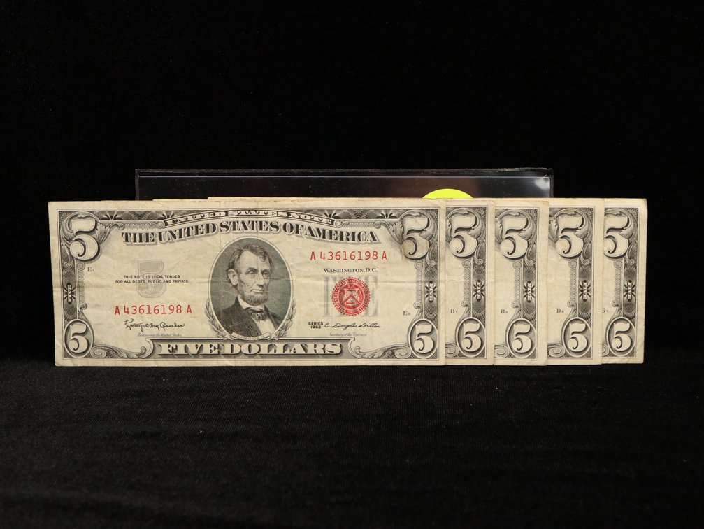 (5) Red Seal Five Dollar Notes. Circulated 