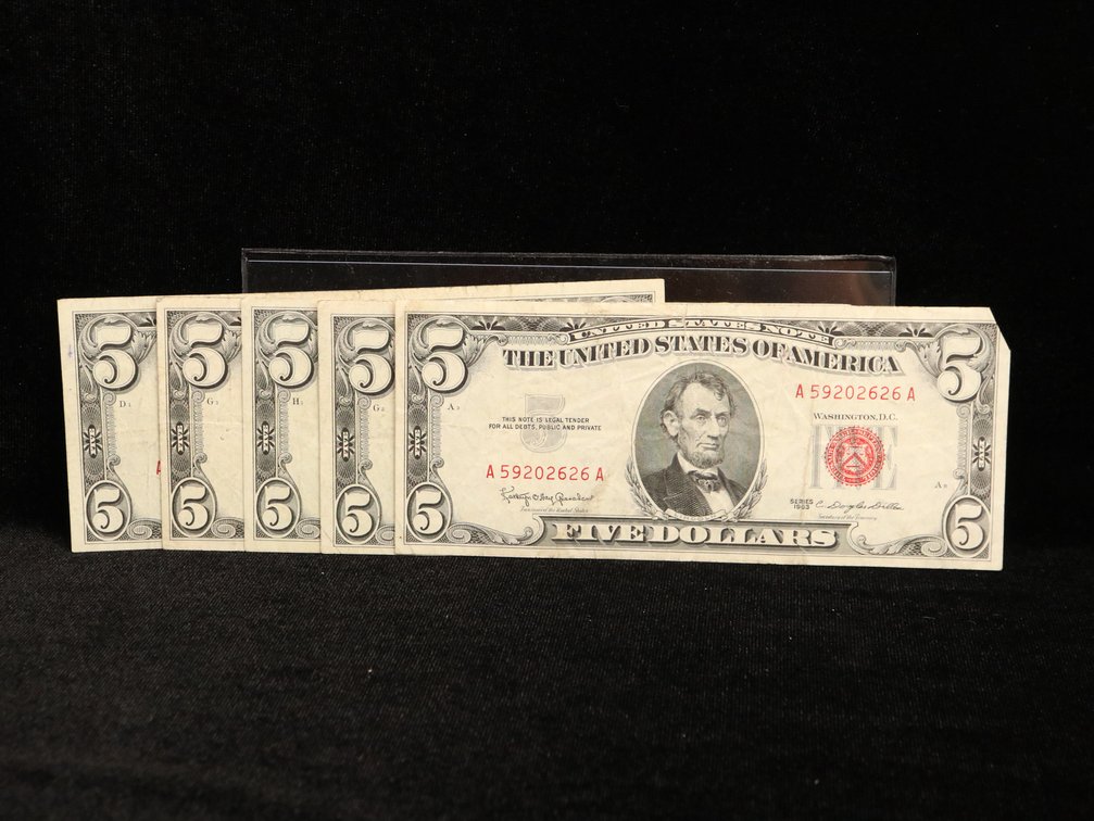  (5) Red Seal Five Dollar Notes. Circulated 