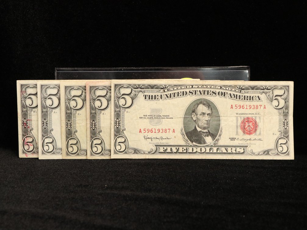  (5) Red Seal Five Dollar Notes. Circulated 