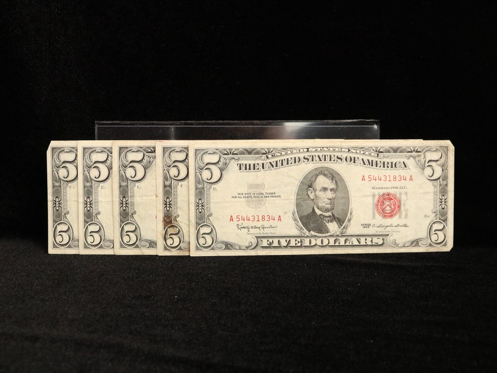  (5) Red Seal Five Dollar Notes. Circulated 