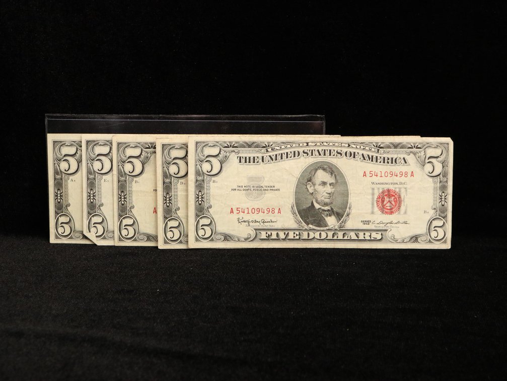  (5) Red Seal Five Dollar Notes. Circulated 