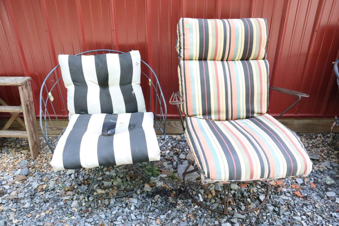 Pair of Metal Patio Swivel Chairs With Cushions