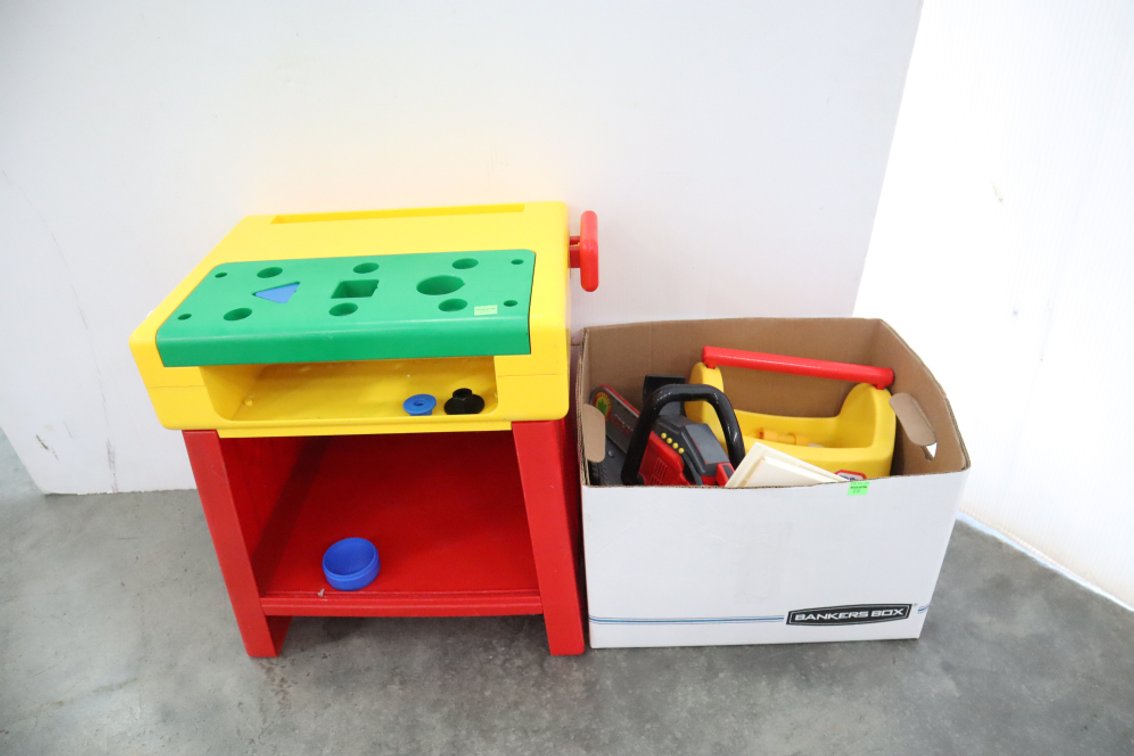 Toy Workbench With Box of Toy Tools