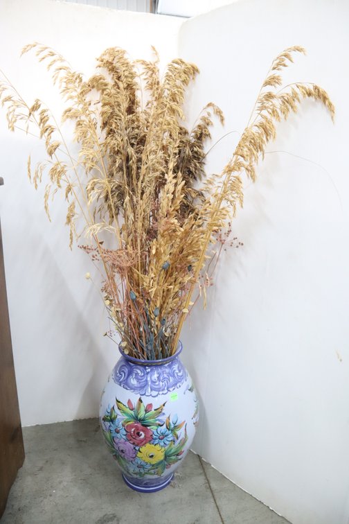 Painted Porcelain Vase With Dried Stem Grass