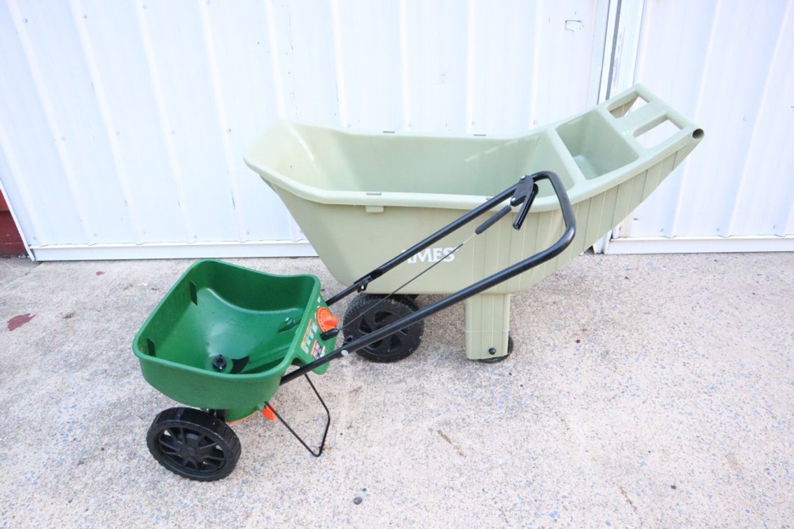 Plastic Utility Cart And Scotts Broadcast Spreader