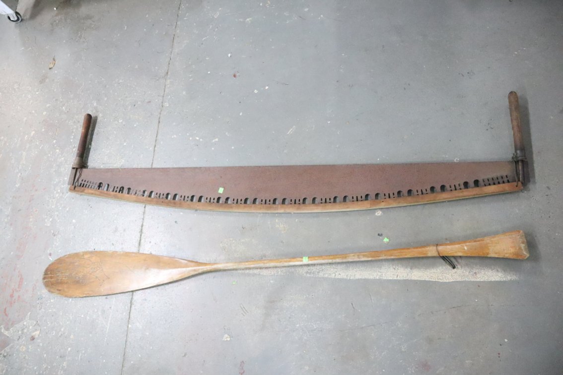 Antique Crosscut Saw and Wooden Oar