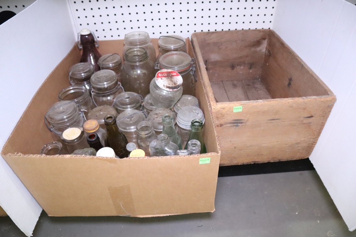 Vintage Glass Jars In Bottles, Wooden Crate