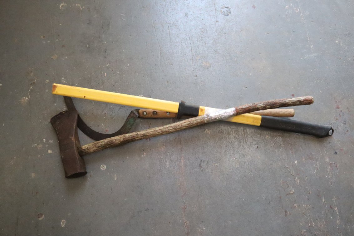 Plastic Tool Box With Contents, Sledgehammer and Handle