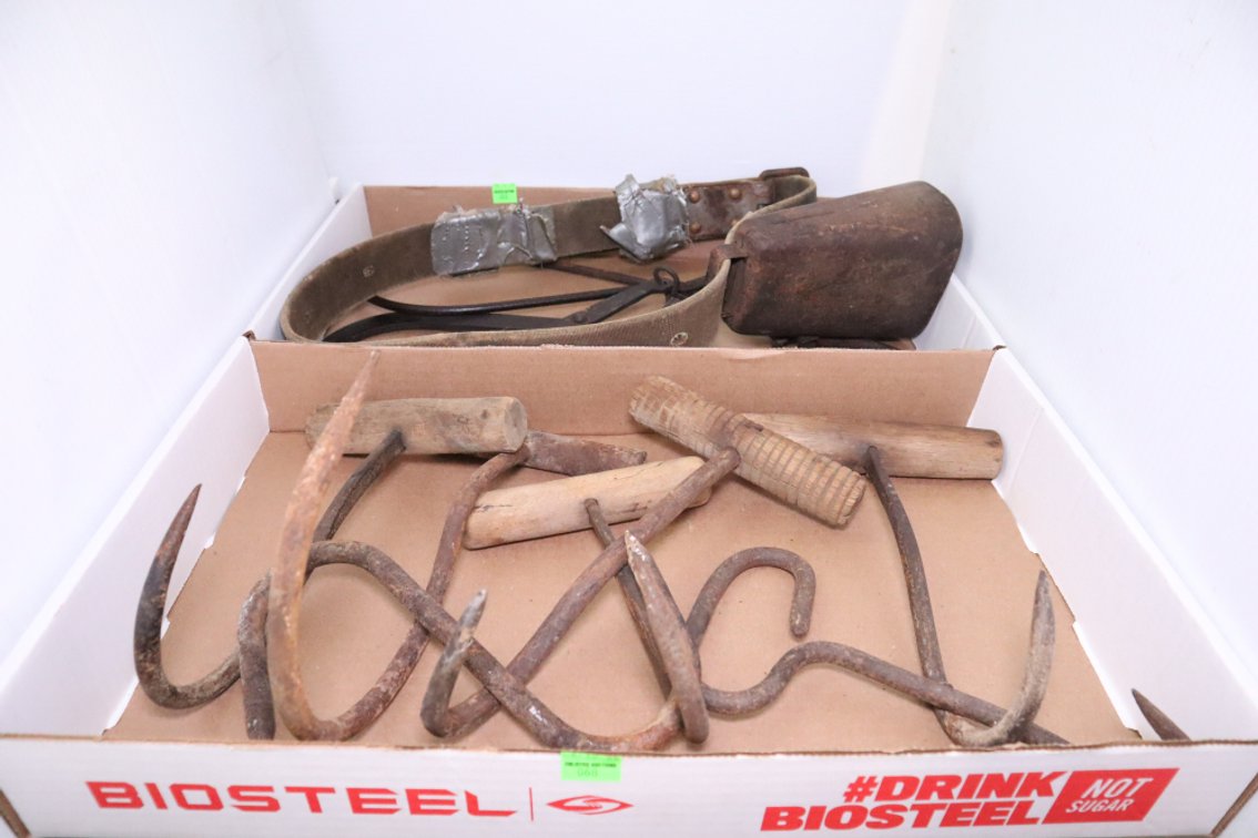 Antique Hay Hooks, Cow Bell, Tongs