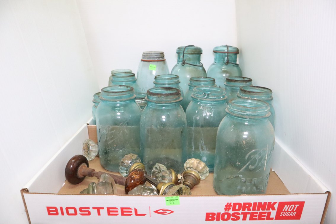 Vintage Blue Ball Jars, Glass Door Knobs