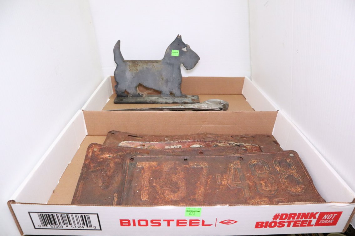 Vintage License Plates, Ram Hood Emblem, Cast Iron Dog Boot Scraper