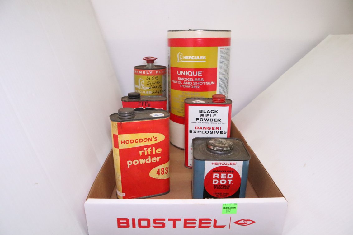 Partial Containers of Reloading Powder, Black Rifle Powder and Hercules Red Dot Shotgun Powder Mostly Full, Rest of Cans Are Mostly Empty