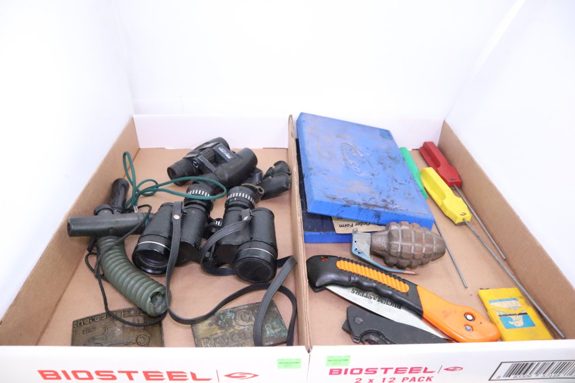 Binoculars, Knife Sharpener, Hand Saw, Belt Buckles
