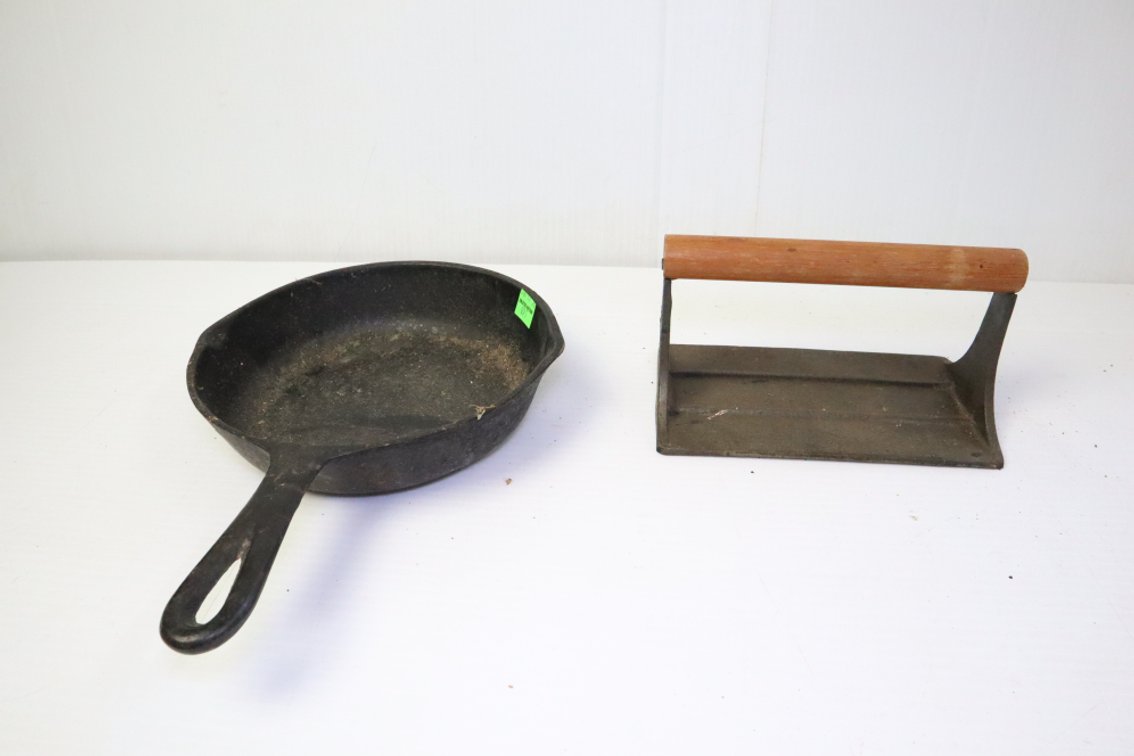 Number Five Cast Iron Skillet and A Bacon Press
