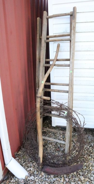 Wooden Ladders, Roll of Barbed Wire, Antique Scythe