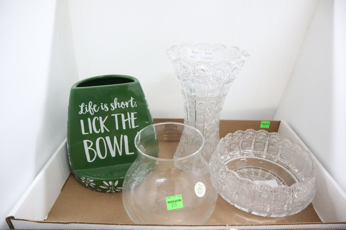 Temp-Tations Utensil Holder, Queen Anne Lead Crystal Glass Bowl and Vase, Prince's House Glass