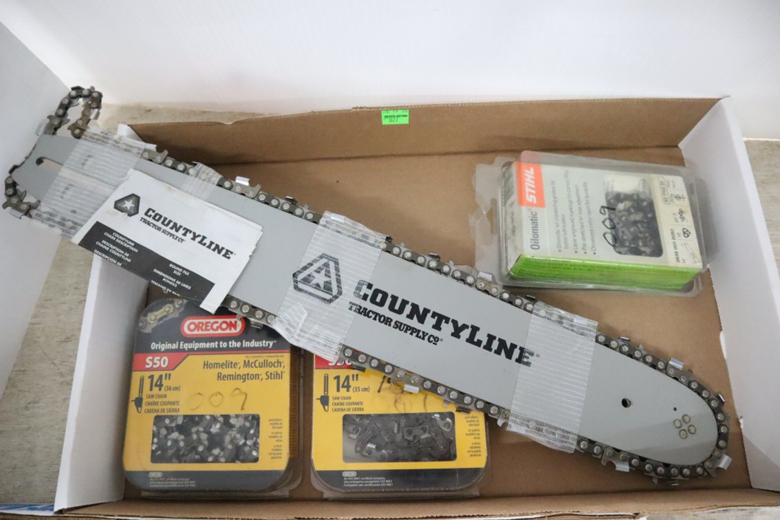 County Line 20 In Bar and Chain, Like New, New 14-In Chain and Some Used Chainsaw Chains