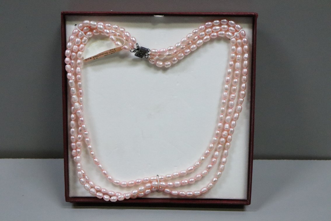 Triple strand Pink Freshwater Pearl necklace with Sterling Silver Clasp