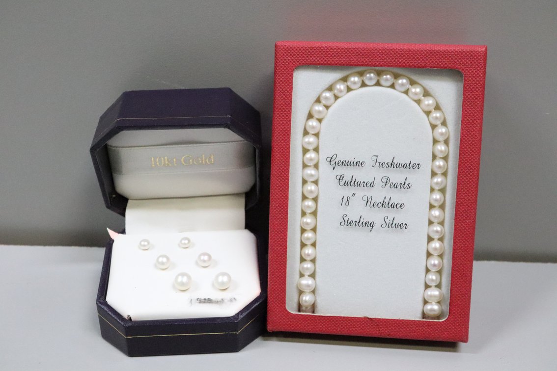 18" Freshwater Cultured Pearls with Sterling Silver Clasp, set of 3 graduated pearl stud earrings on 10k posts