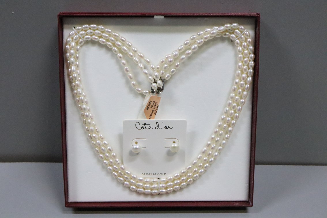 Triple Strand WhiteFreshwater Pearl necklace with Sterling Silver Clasp, Pearl stud earrings on 14k posts