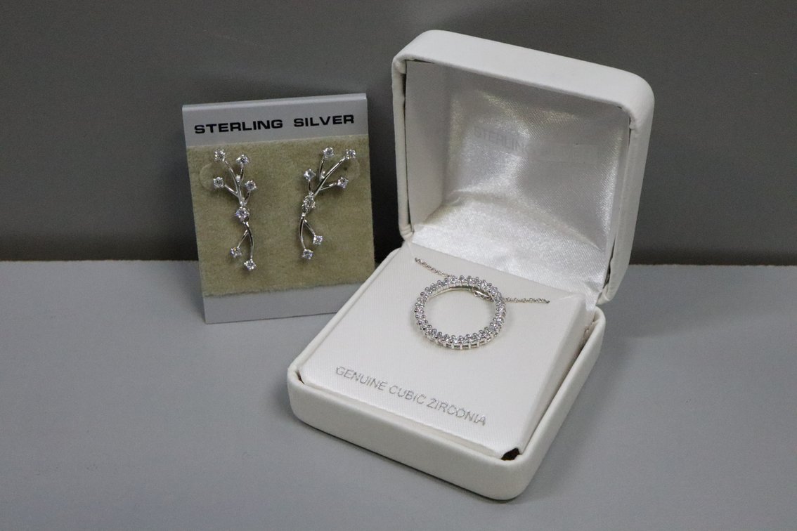 SS cubic zirconia circle necklace, SS white stone dangle earrings