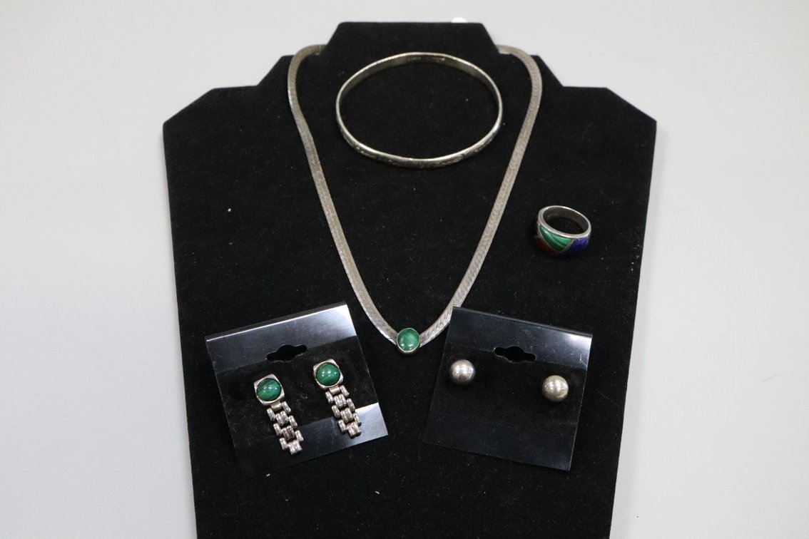 SS 16" Malachite necklace, SS Malachite earrings, SS multi stone ring, SS ball stud earrings, SS bangle