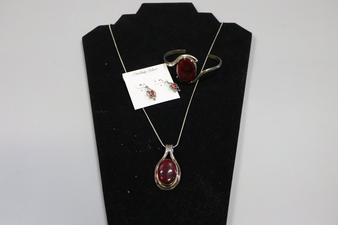 SS 27" chain with SS pendant with red stone, SS cuff bracelet with red stone, SS red stone dangle earrings