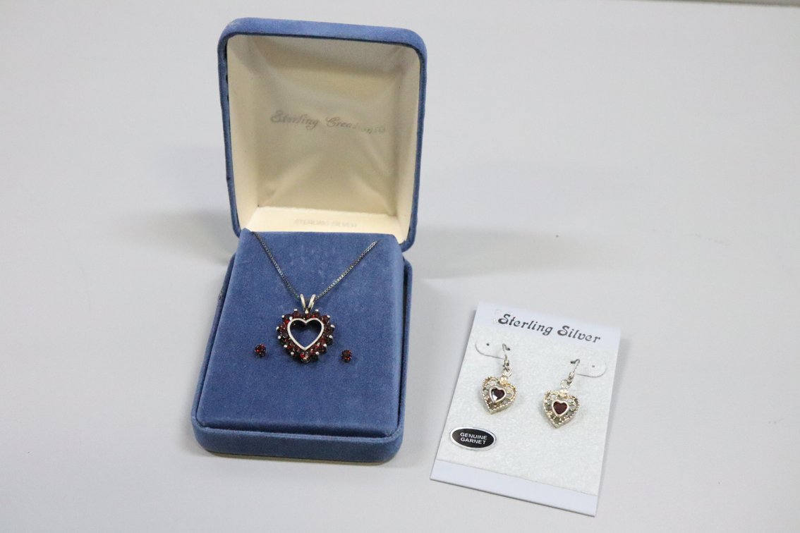 SS genuine Garnet heart dangle earrings, SS garnet looking stones heart pendant necklace with matching stud earrings