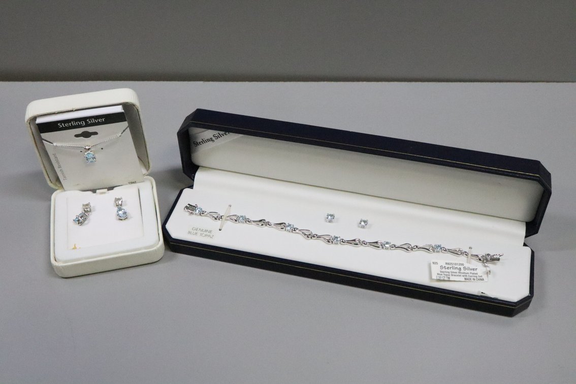 SS genuine Blue Topaz bracelet with stud earrings, Silver blue topaz looking stone with white stone dangle earrings, SS Blue Topaz pendant on chain